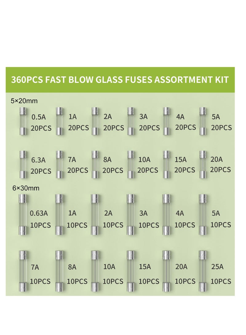 Excefore 360 PCS 24 Values Fast-Blow Glass Fuses Assortment Kit, 250V 0.5A 0.63A 1A 2A 3A 4A 5A 6.3A 7A 8A 10A 15A 20A 25A 5x20mm & 6x30mm Glass Tube Fuses, Packag in a Clear Plastic Box  - Image 2