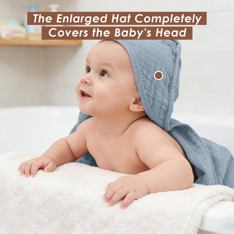 Ease Cubs 3-Pack Muslin Hooded Baby Towels, 100% Cotton, Ultra-Soft & Absorbent Baby Bath Towels with Hood for Babies, Infant, Toddler and Newbron (Grey and Navy Blue Series,32" x 32") - Image 5