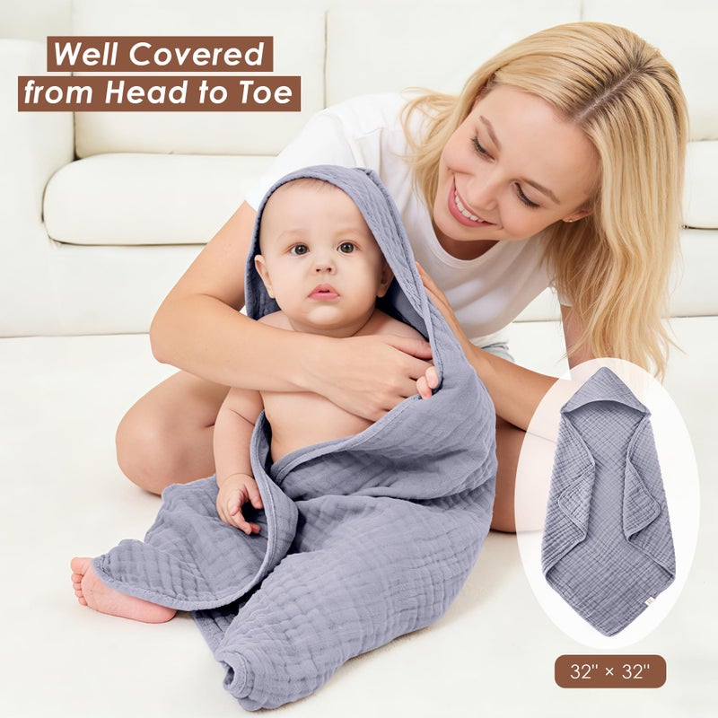 Ease Cubs 3-Pack Muslin Hooded Baby Towels, 100% Cotton, Ultra-Soft & Absorbent Baby Bath Towels with Hood for Babies, Infant, Toddler and Newbron (Grey and Navy Blue Series,32" x 32") - Image 2