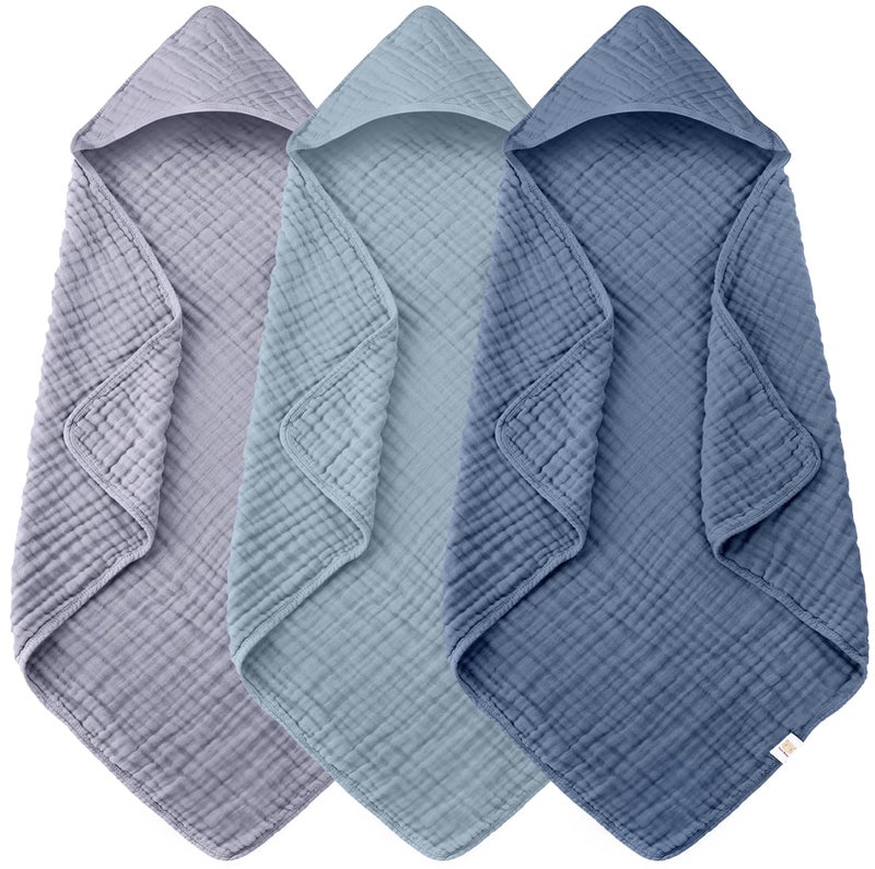Ease Cubs 3-Pack Muslin Hooded Baby Towels, 100% Cotton, Ultra-Soft & Absorbent Baby Bath Towels with Hood for Babies, Infant, Toddler and Newbron (Grey and Navy Blue Series,32" x 32") - Image 1