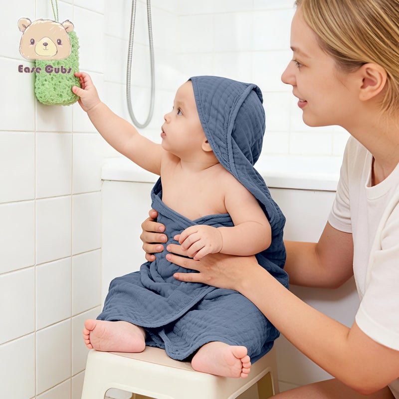 Ease Cubs 3-Pack Muslin Hooded Baby Towels, 100% Cotton, Ultra-Soft & Absorbent Baby Bath Towels with Hood for Babies, Infant, Toddler and Newbron (Grey and Navy Blue Series,32" x 32") - Image 4