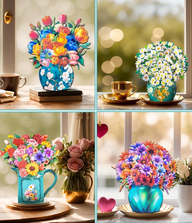 Magic Ants Pop up Flower Bouquet Cards Set, 4 Unique Floral Designs – Gerbera Daisies, Tulips, Sunflowers & Roses – 3D Greeting Cards for Birthdays, Mother's Day, Thank You, Get Well, and More – Elegant Gift for - Image 3