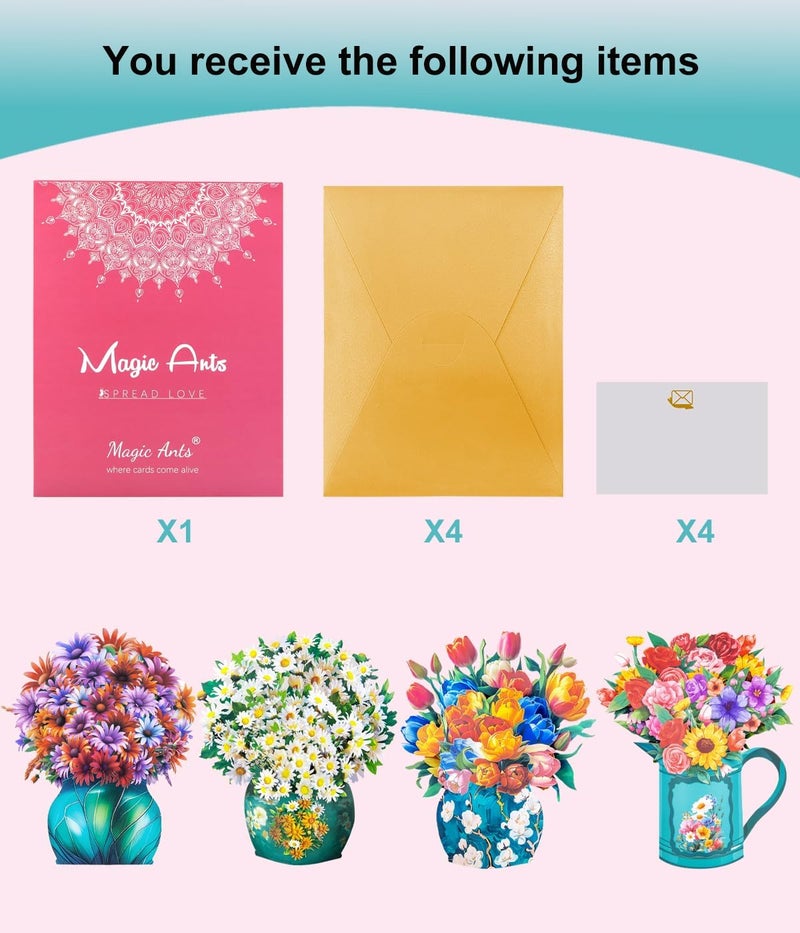 Magic Ants Pop up Flower Bouquet Cards Set, 4 Unique Floral Designs – Gerbera Daisies, Tulips, Sunflowers & Roses – 3D Greeting Cards for Birthdays, Mother's Day, Thank You, Get Well, and More – Elegant Gift for - Image 2