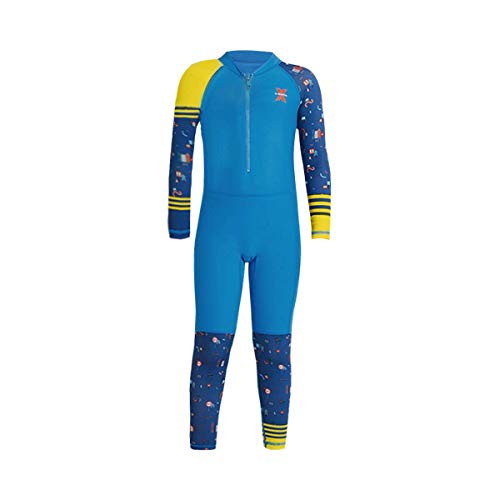 IDOPIP Boys Color Block One Piece Swimsuit Kids Long Sleeve Rash Guard Sunsuit Zipper Swimwear Diving Wetsuit Mock Neck Full Jumpsuit Surfing Beachwear Bathing Suit with UPF 50+ Sun Protection Blue 6-7T - Image 1
