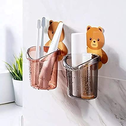 POLMI Cute Bear Wall Mounted Toothbrush Holder for Bathroom | Self Adhesive Plastic Storage Organizer for Kids & Adults | Water Drain Hole | Set of 2 - Black & Brown - Image 5