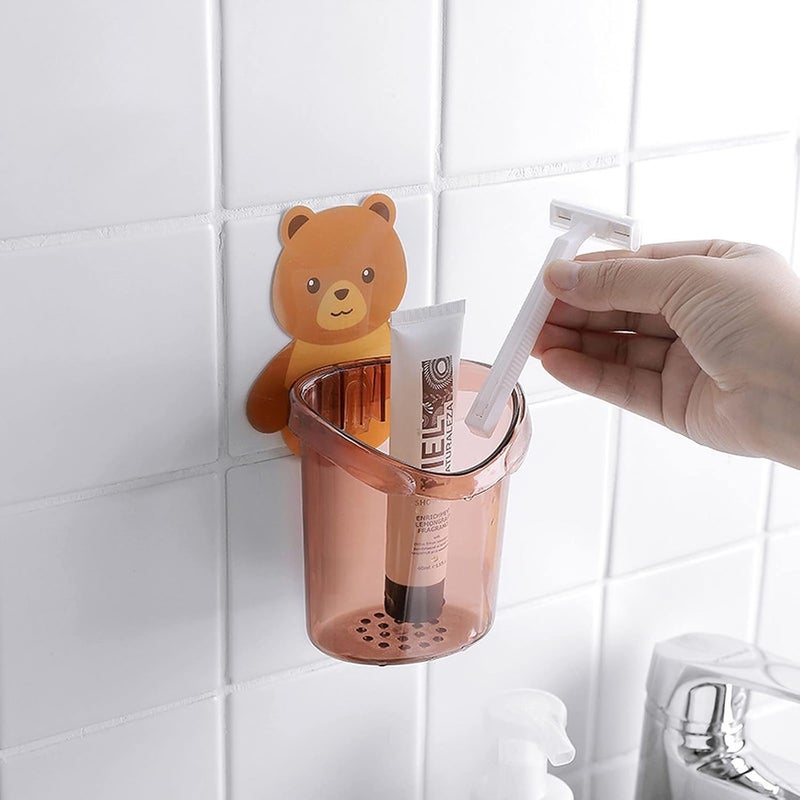 POLMI Cute Bear Wall Mounted Toothbrush Holder for Bathroom | Self Adhesive Plastic Storage Organizer for Kids & Adults | Water Drain Hole | Set of 2 - Black & Brown - Image 4