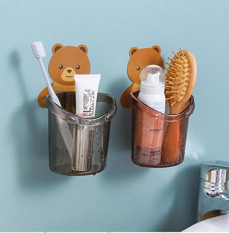 POLMI Cute Bear Wall Mounted Toothbrush Holder for Bathroom | Self Adhesive Plastic Storage Organizer for Kids & Adults | Water Drain Hole | Set of 2 - Black & Brown - Image 2