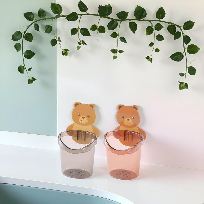 POLMI Cute Bear Wall Mounted Toothbrush Holder for Bathroom | Self Adhesive Plastic Storage Organizer for Kids & Adults | Water Drain Hole | Set of 2 - Black & Brown - Image 3