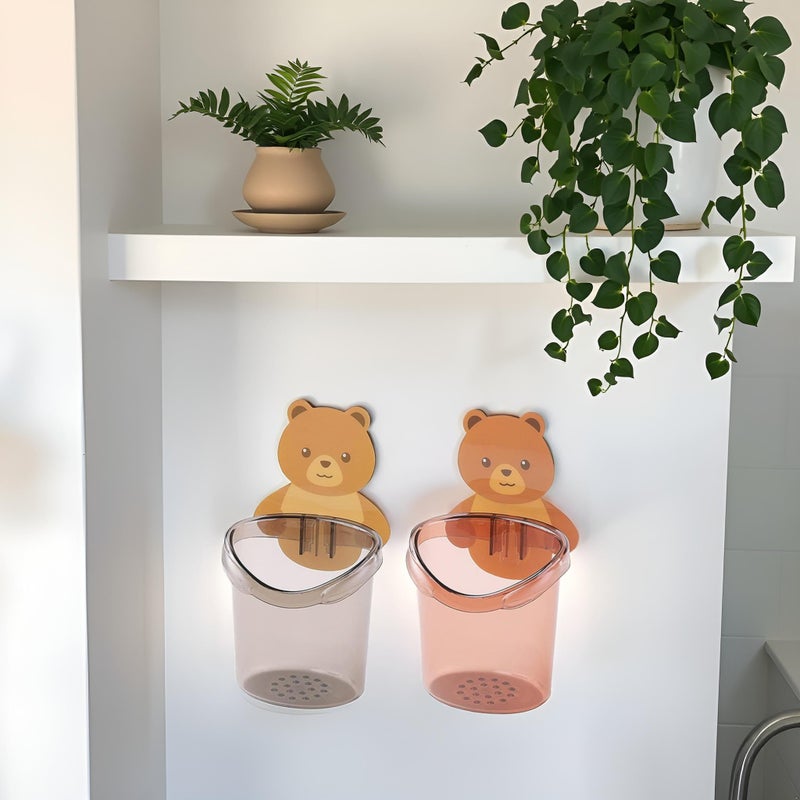 POLMI Cute Bear Wall Mounted Toothbrush Holder for Bathroom | Self Adhesive Plastic Storage Organizer for Kids & Adults | Water Drain Hole | Set of 2 - Black & Brown - Image 1