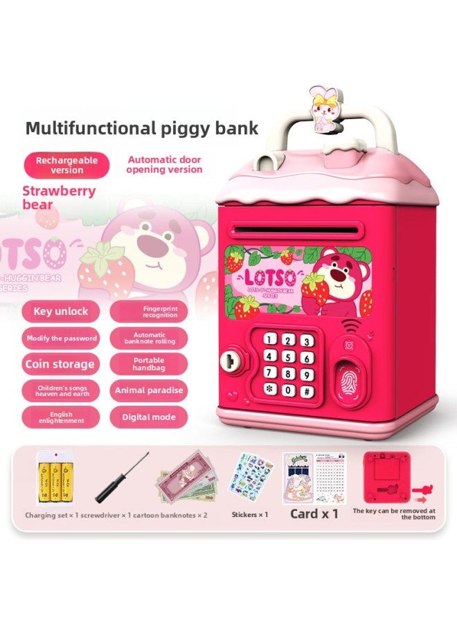 The Children's Girl's Kulomi Piggy Bank Can Be Saved And Can Only Get In And Out Of The Boy's Savings Password Box.-Color:Strawberry Bear【key Unlock】⭐Password Fingerprint⭐Automatic Door Opening】quick Charging - Image 1