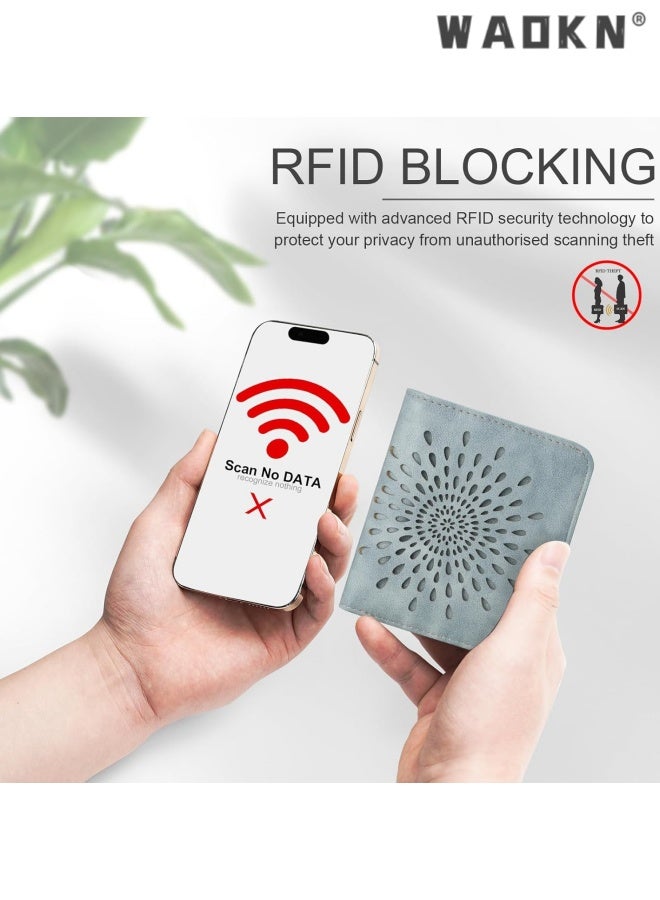 دبليو أيه أو كي أن محفظة المرأة ، محفظة صغيرة رقيقة للمرأة محفظة RFID للمرأة عباد الشمس بو حامل بطاقة الائتمان الهوية الجلدية مع جيب العملة السترة محفظة مضغوطة مزدوجة ، 11 * 8 * 2.5 سم ، للعمل والتسوق والسفر ، الأزرق. - Image 2