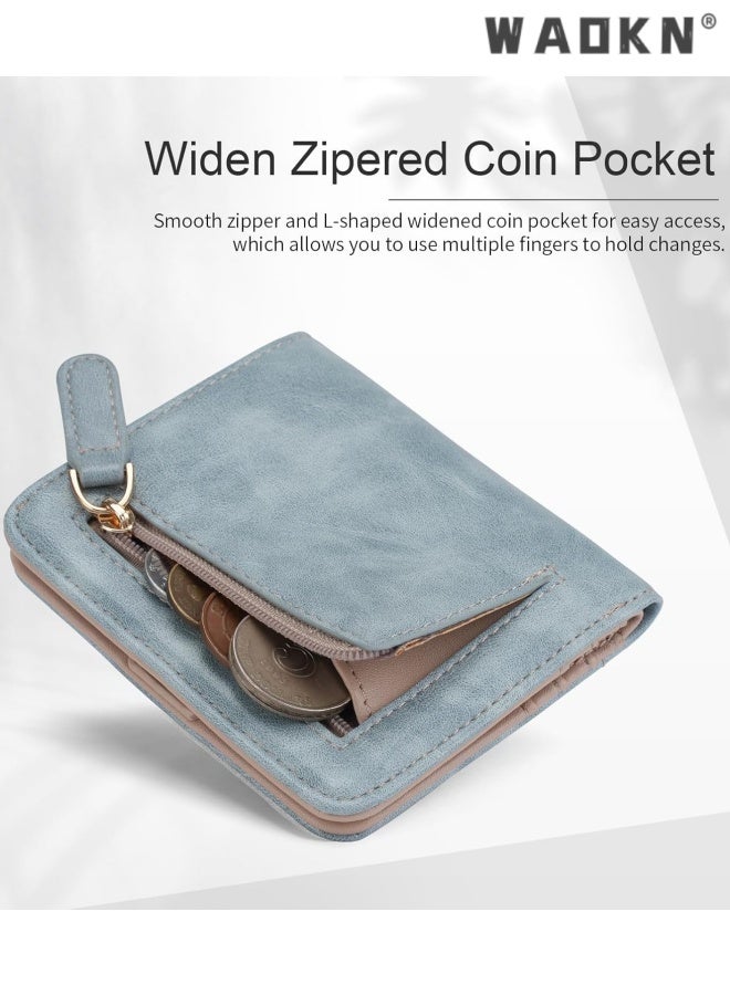 دبليو أيه أو كي أن محفظة المرأة ، محفظة صغيرة رقيقة للمرأة محفظة RFID للمرأة عباد الشمس بو حامل بطاقة الائتمان الهوية الجلدية مع جيب العملة السترة محفظة مضغوطة مزدوجة ، 11 * 8 * 2.5 سم ، للعمل والتسوق والسفر ، الأزرق. - Image 4