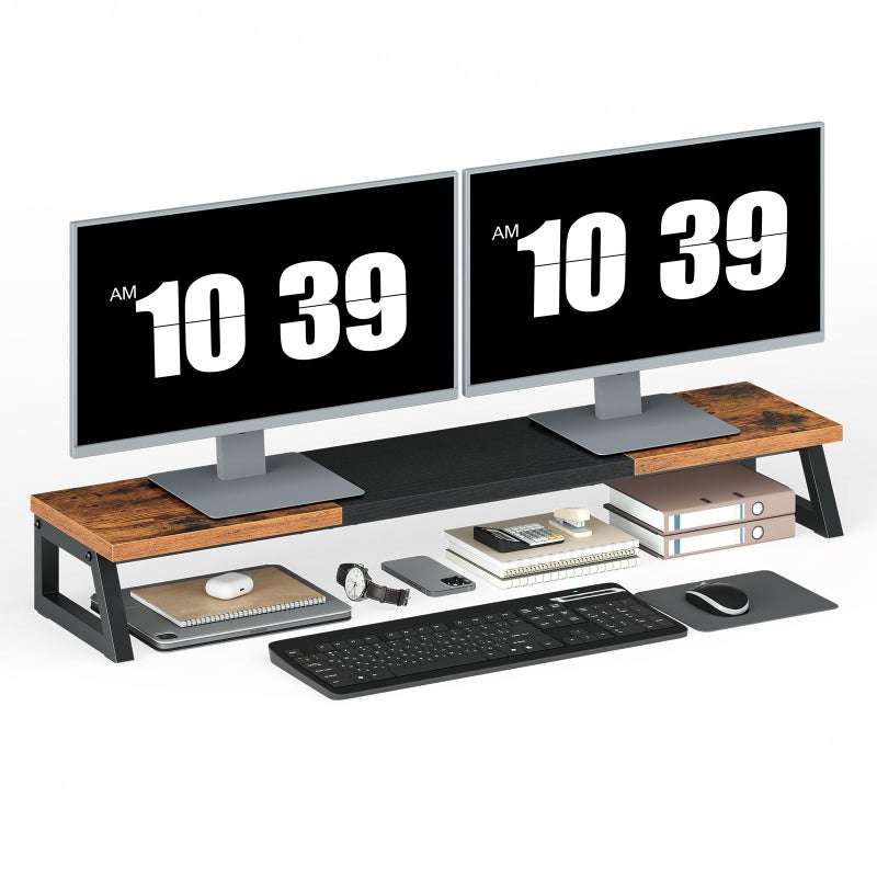 HOOBRO Dual Monitor Stand Riser, 39 Inch Large Computer Monitor Stand for 2 Monitors, Computer Monitor Riser, Desk Shelf Organizer for Office Desk, Accessories, Rustic Brown and Black BF121CJ01 - Image 1