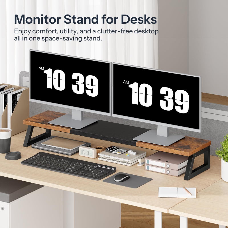 HOOBRO Dual Monitor Stand Riser, 39 Inch Large Computer Monitor Stand for 2 Monitors, Computer Monitor Riser, Desk Shelf Organizer for Office Desk, Accessories, Rustic Brown and Black BF121CJ01 - Image 3