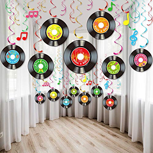 Sumind 30 Pcs 1950's Rock and Roll Music Party Sock Hop Decorations Vinyl Record Note Cutout Wall Decor Sign with Hanging Swirls Ceiling Decor for 50's Theme Rock Music Video DJ Party Supplies 7 Inch - Image 1