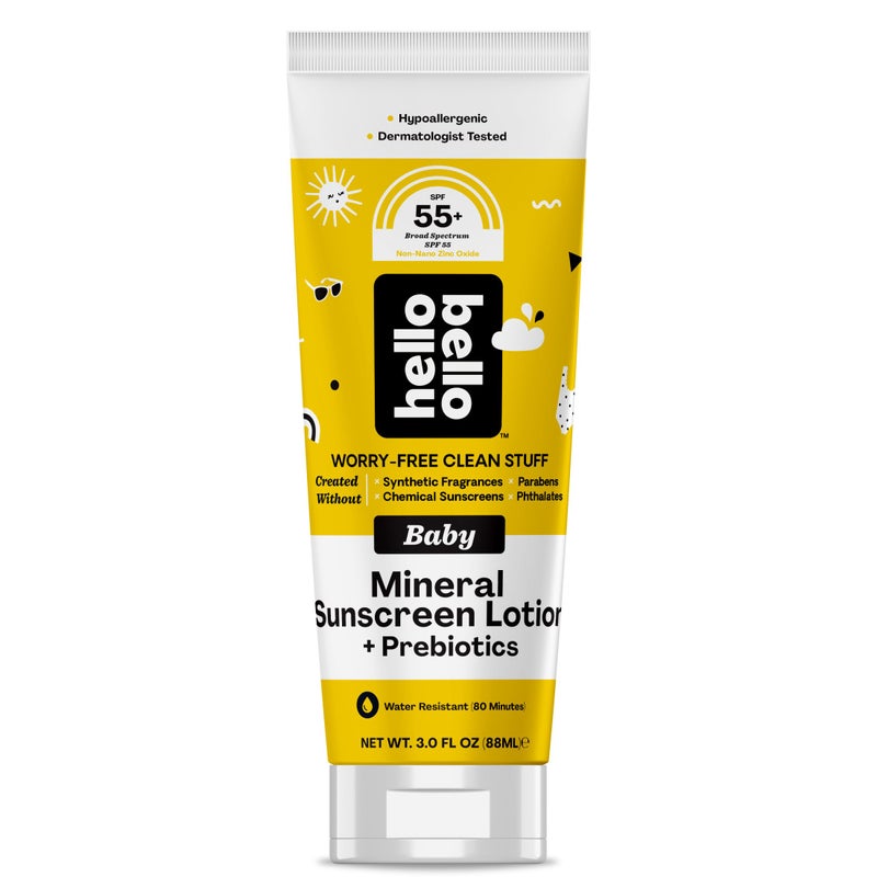 Hello Bello Mineral SPF 55 Sunscreen Lotion with Prebiotics Water Resistant and Reef Friendly Sun Protection for Babies and Kids 3 fl oz Pack of 1 - Image 1