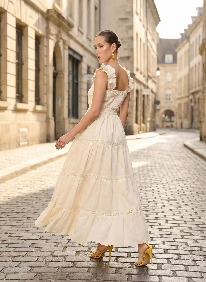 آي شين Beige 100% Cotton Solid Print Maxi A-Line Relaxed Dress For Women