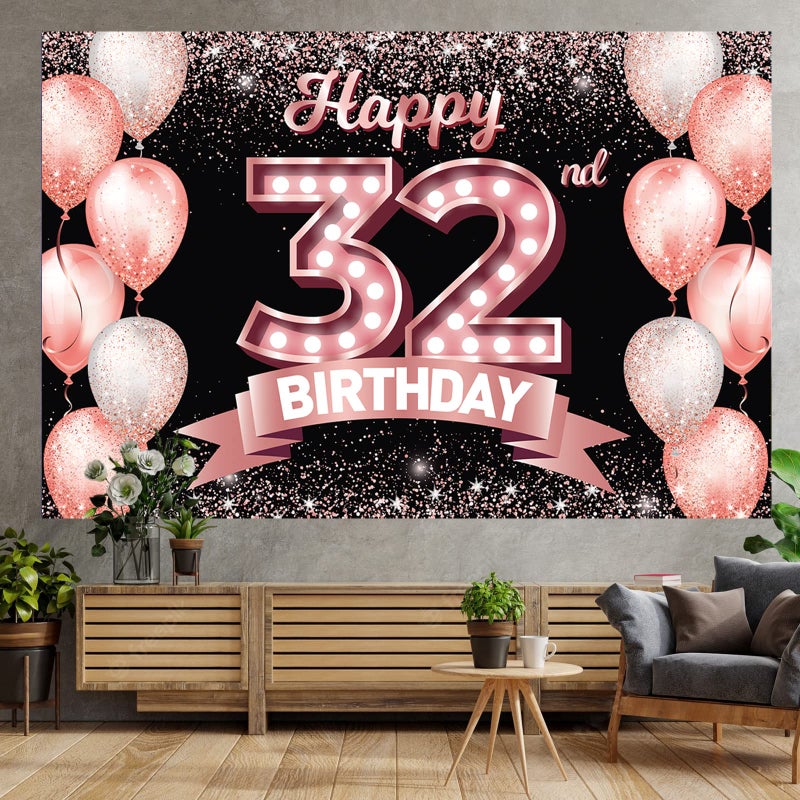 DZTRELFK Happy 32Nd Birthday Rose Gold Banner Backdrop Cheers To 32 Years Old Confetti Balloons Theme Decor Decorations For Women 32 Years Old Pink Birthday Party Bday Supplies Background Favors Gift Glitter - Image 5