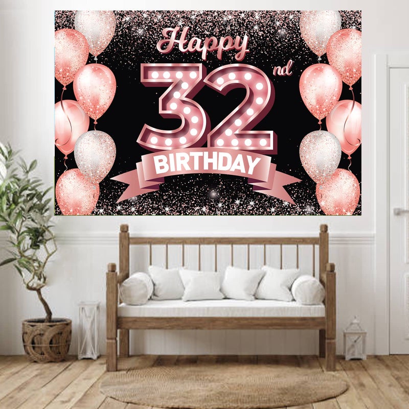 DZTRELFK Happy 32Nd Birthday Rose Gold Banner Backdrop Cheers To 32 Years Old Confetti Balloons Theme Decor Decorations For Women 32 Years Old Pink Birthday Party Bday Supplies Background Favors Gift Glitter - Image 4