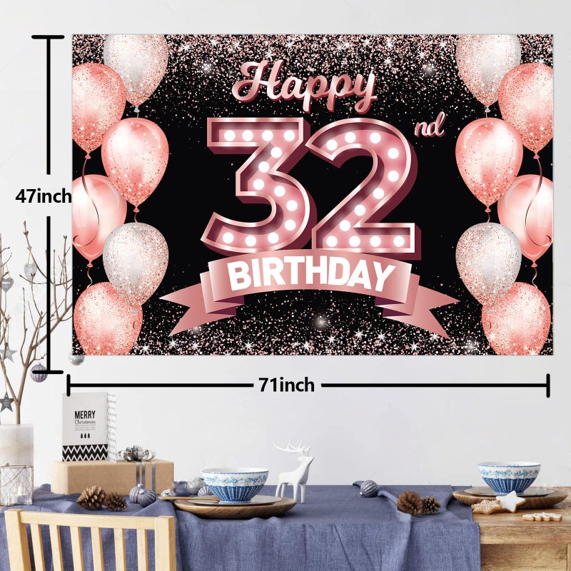 DZTRELFK Happy 32Nd Birthday Rose Gold Banner Backdrop Cheers To 32 Years Old Confetti Balloons Theme Decor Decorations For Women 32 Years Old Pink Birthday Party Bday Supplies Background Favors Gift Glitter - Image 2