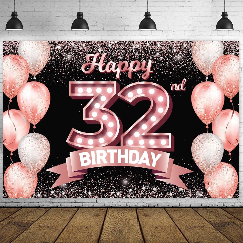 DZTRELFK Happy 32Nd Birthday Rose Gold Banner Backdrop Cheers To 32 Years Old Confetti Balloons Theme Decor Decorations For Women 32 Years Old Pink Birthday Party Bday Supplies Background Favors Gift Glitter - Image 1