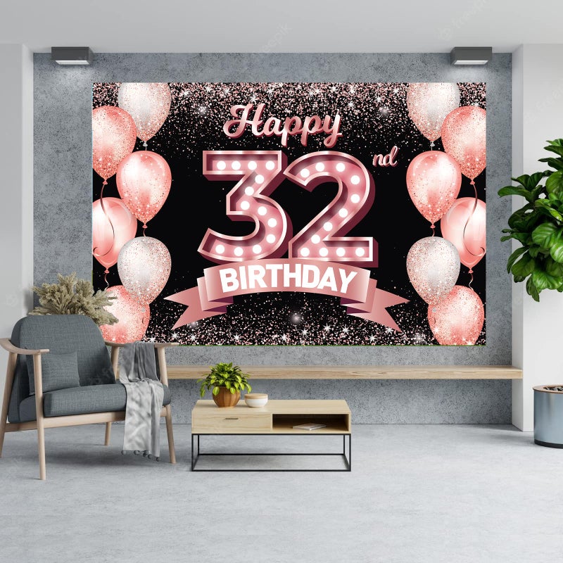 DZTRELFK Happy 32Nd Birthday Rose Gold Banner Backdrop Cheers To 32 Years Old Confetti Balloons Theme Decor Decorations For Women 32 Years Old Pink Birthday Party Bday Supplies Background Favors Gift Glitter - Image 3