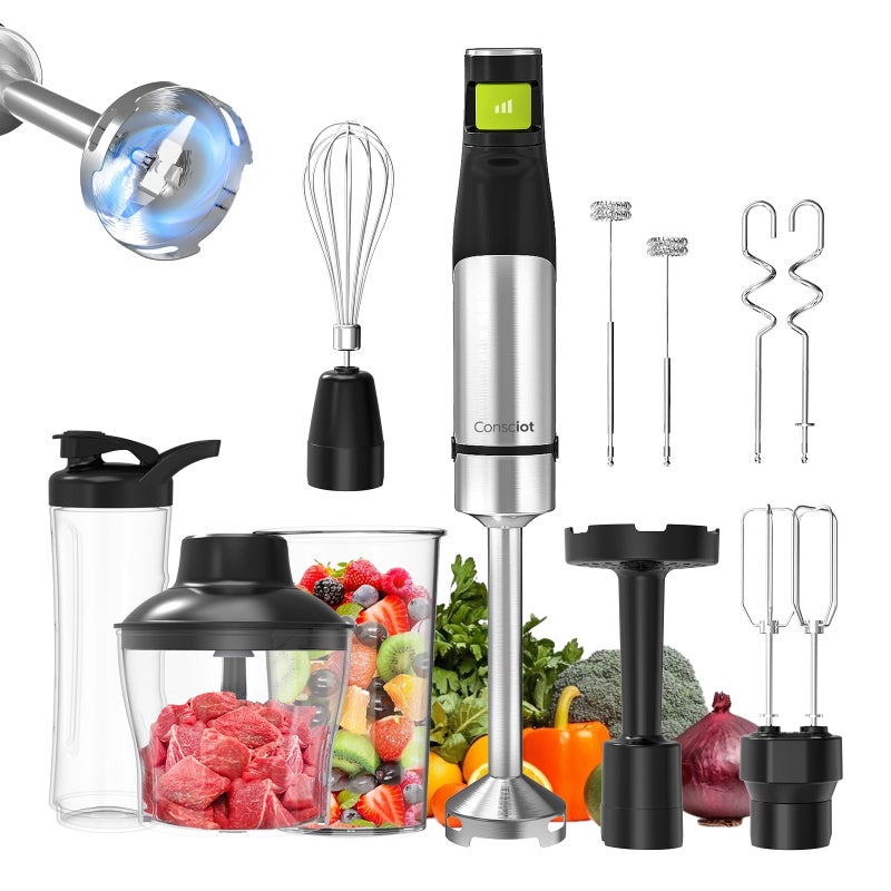 Consciot 10-in-1 Immersion Blender Handheld Max 1100W with Entire Stainless Steel Blender Shaft, Trigger Speed Control, 800ml Beaker, 600ml Chopper, Beaters, Frothers, Hooks, Masher, Whisk & 600ml Cup - Image 1