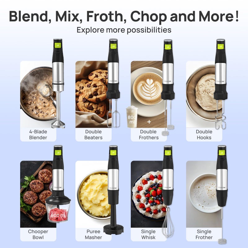 Consciot 10-in-1 Immersion Blender Handheld Max 1100W with Entire Stainless Steel Blender Shaft, Trigger Speed Control, 800ml Beaker, 600ml Chopper, Beaters, Frothers, Hooks, Masher, Whisk & 600ml Cup - Image 4