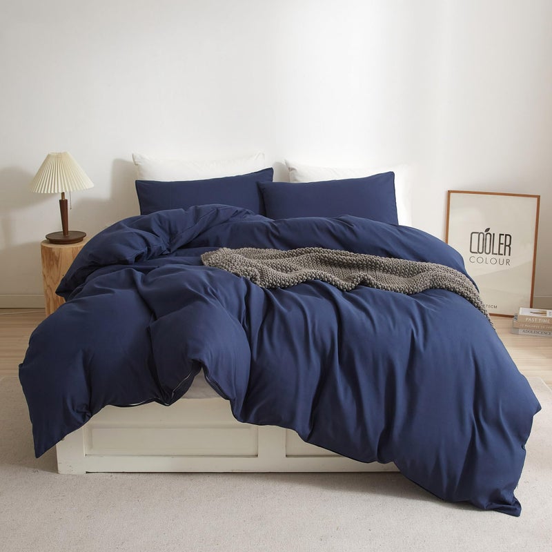 Ruccit Navy Blue Duvet Cover Set Double 100 Brushed Microfiber Double Bed Duvet Cover Plain 3pcs Modern Simple Bedding Set with Zipper Closure Corner TiesSoftDurableFade resistant