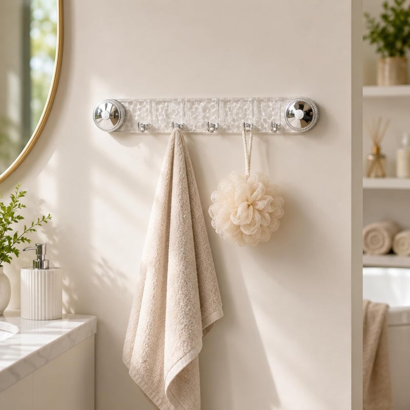 Self-Adhesive Wall Hook Rack with 6 Hooks, Heavy Duty Waterproof Wall Mounted Towel & Coat Hanger, Transparent No-Drill Organizer for Bathroom, Kitchen, Bedroom & Entryway - Image 1