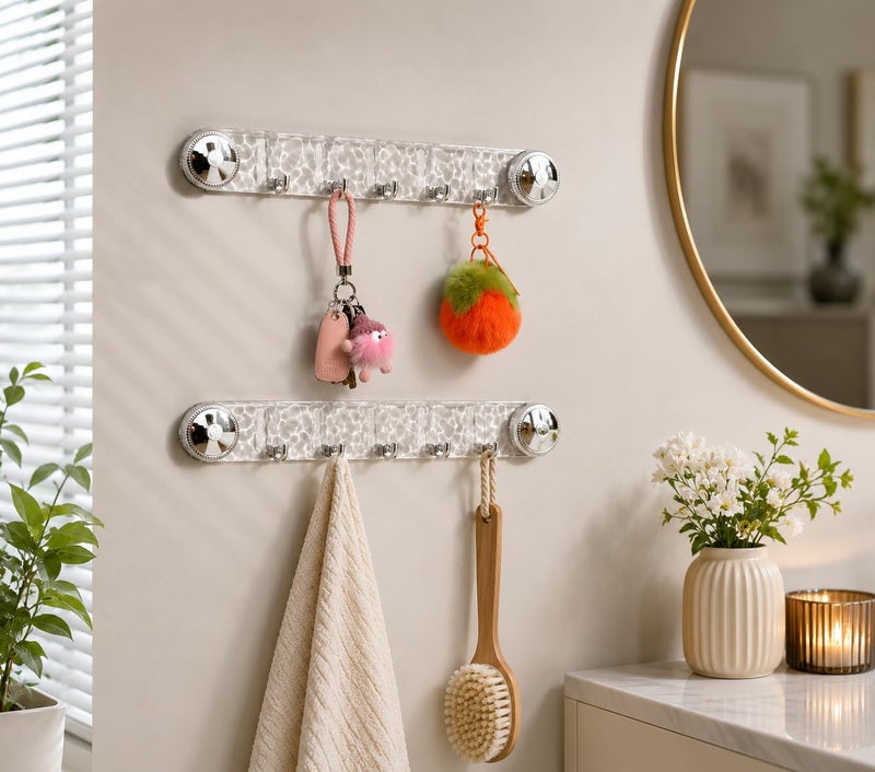 Self-Adhesive Wall Hook Rack with 6 Hooks, Heavy Duty Waterproof Wall Mounted Towel & Coat Hanger, Transparent No-Drill Organizer for Bathroom, Kitchen, Bedroom & Entryway - Image 2