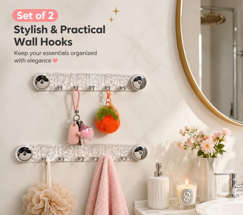 Self-Adhesive Wall Hook Rack with 6 Hooks, Heavy Duty Waterproof Wall Mounted Towel & Coat Hanger, Transparent No-Drill Organizer for Bathroom, Kitchen, Bedroom & Entryway - Image 3
