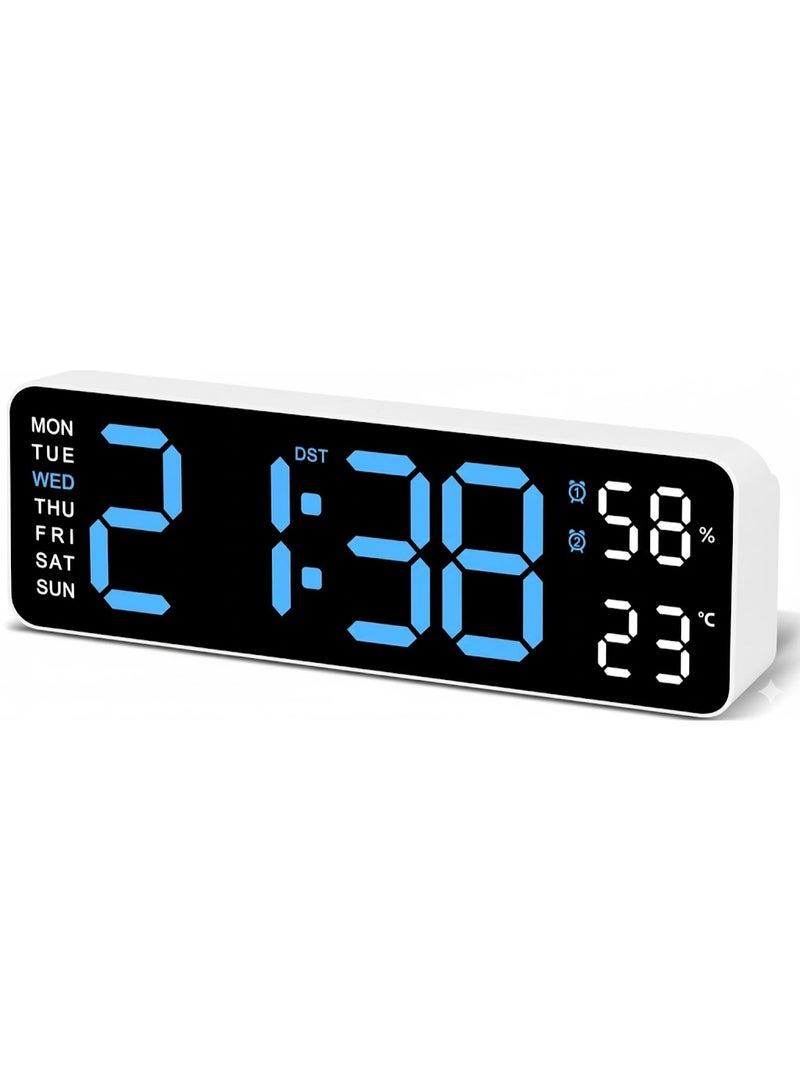 Large 9-inch LED digital clock with dual alarm, auto-dimming, bedroom and bedside alarm, clear numbers with temperature display, white frame with backlight (blue) - Image 1