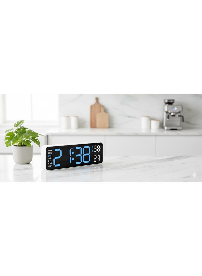 Large 9-inch LED digital clock with dual alarm, auto-dimming, bedroom and bedside alarm, clear numbers with temperature display, white frame with backlight (blue) - Image 3