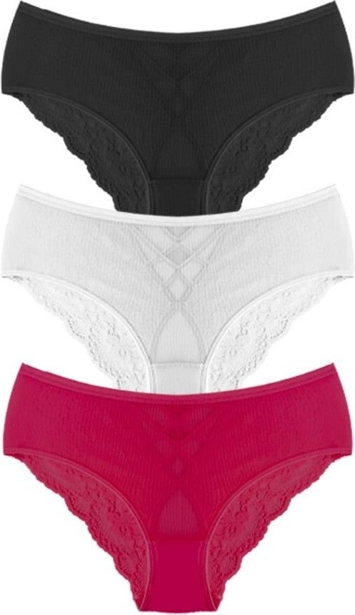 COTTONHILL Transparent Tulle Lace and Stone Detailed Private Area Open Plus Size Women's Thong Panties 3-Pack-2  - Image 1