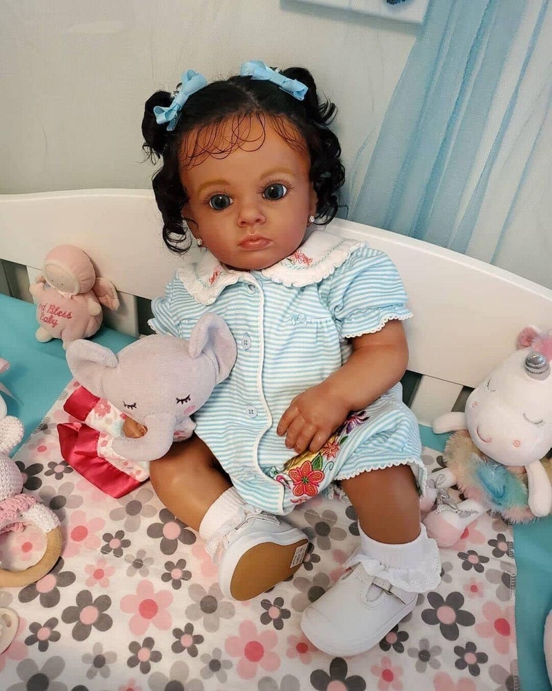 KOKOMANDY Reborn Baby Dolls Black Girl 24 Inch Dark Brown Soft Silicone Realistic Toddler Baby Dolls Weighted Cloth Body Biracial African American Newborn Baby Doll Handmade Toy for Kids - Image 3
