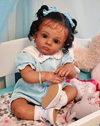 KOKOMANDY Reborn Baby Dolls Black Girl 24 Inch Dark Brown Soft Silicone Realistic Toddler Baby Dolls Weighted Cloth Body Biracial African American Newborn Baby Doll Handmade Toy for Kids - Image 1