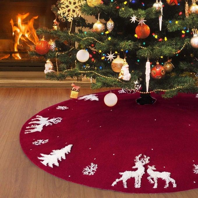 TREE SKIRT 36 INCHES KNITTED CHRISTMAS TREE SKIRTS RED 3D ELK KNIT THICK RUSTIC TREE SKIRTS XMAS HOLIDAY ORNAMENTS INDOOR OUTDOOR CHRISTMAS DECORATION