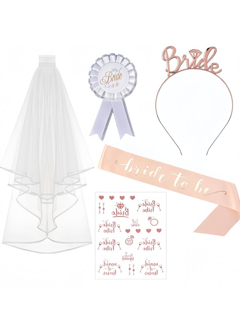 Balloon World 5 Pack Bride to Be Decoration Set Bride Sash Headband Tiara Bride Veil with Comb Rhinestone Tiara Bride to Be Gifts Brooch Decorations Wedding Sticke - Image 1