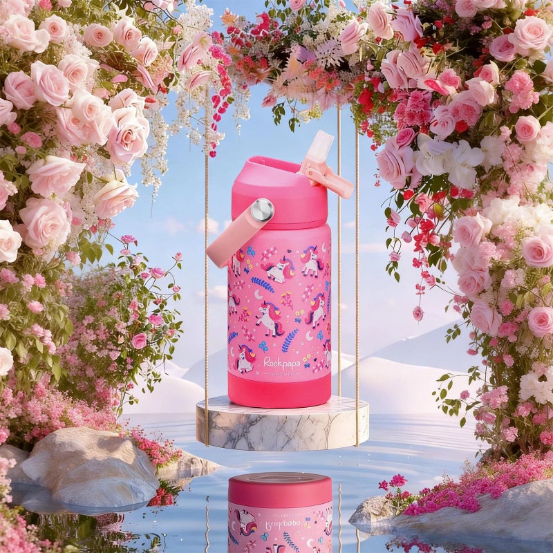 rockpapa 14 oz Kids Insulated Water Bottleï¼ŒStainless Steel Toddler Cups with Straws, BPA Free, Leak-Proof, Kids Water Bottle for School Boys& Girls (Pink Unicorn) - Image 2