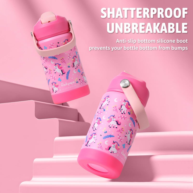rockpapa 14 oz Kids Insulated Water Bottleï¼ŒStainless Steel Toddler Cups with Straws, BPA Free, Leak-Proof, Kids Water Bottle for School Boys& Girls (Pink Unicorn) - Image 5