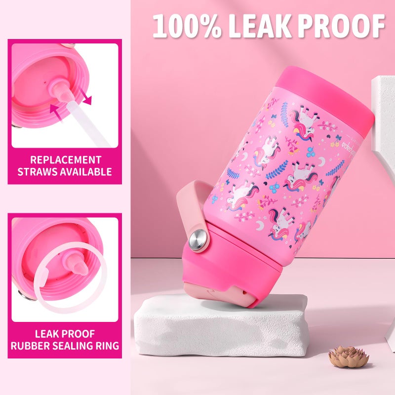 rockpapa 14 oz Kids Insulated Water Bottleï¼ŒStainless Steel Toddler Cups with Straws, BPA Free, Leak-Proof, Kids Water Bottle for School Boys& Girls (Pink Unicorn) - Image 4