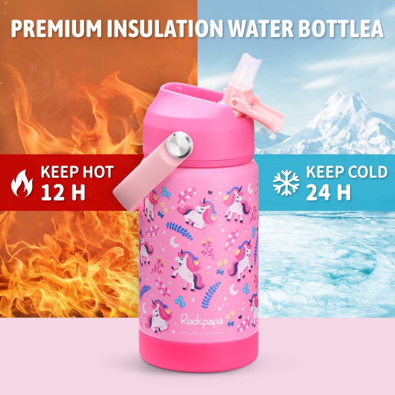 rockpapa 14 oz Kids Insulated Water Bottleï¼ŒStainless Steel Toddler Cups with Straws, BPA Free, Leak-Proof, Kids Water Bottle for School Boys& Girls (Pink Unicorn) - Image 3