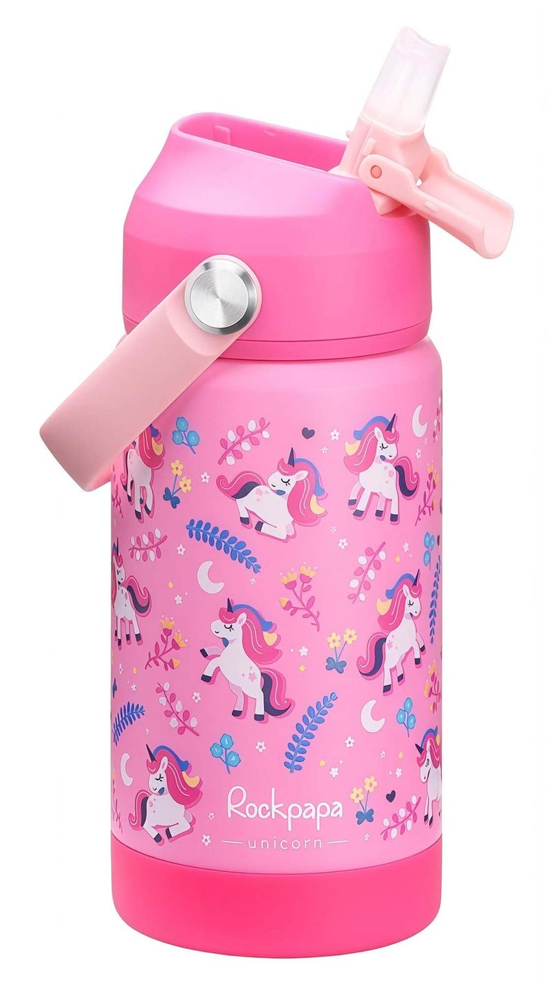 rockpapa 14 oz Kids Insulated Water Bottleï¼ŒStainless Steel Toddler Cups with Straws, BPA Free, Leak-Proof, Kids Water Bottle for School Boys& Girls (Pink Unicorn) - Image 1