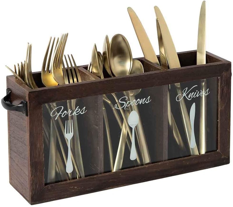BLU MONACO Espresso Wooden Cutlery  Utensil Caddy  Silverware Organizer Bin for Forks Spoons Knives  Perfect for Kitchen Countertop - Image 1