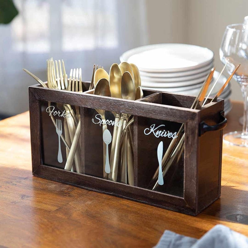 BLU MONACO Espresso Wooden Cutlery  Utensil Caddy  Silverware Organizer Bin for Forks Spoons Knives  Perfect for Kitchen Countertop - Image 2