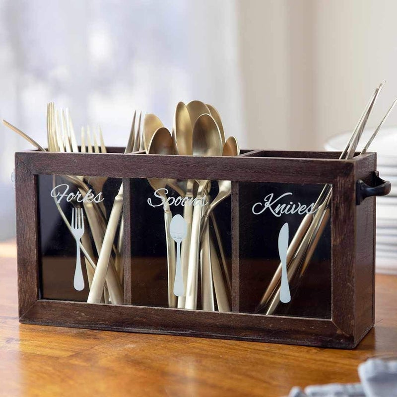 BLU MONACO Espresso Wooden Cutlery  Utensil Caddy  Silverware Organizer Bin for Forks Spoons Knives  Perfect for Kitchen Countertop - Image 4