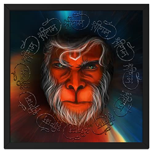 Ritwika's Abstract Wall Art Of Fierce Hanuman Shri Ram Naam in Background Painting With Frame for Home and Office Decor | Size 13.5 x 13.5 Inch, Set of 1 (Multi Colour) - Image 1