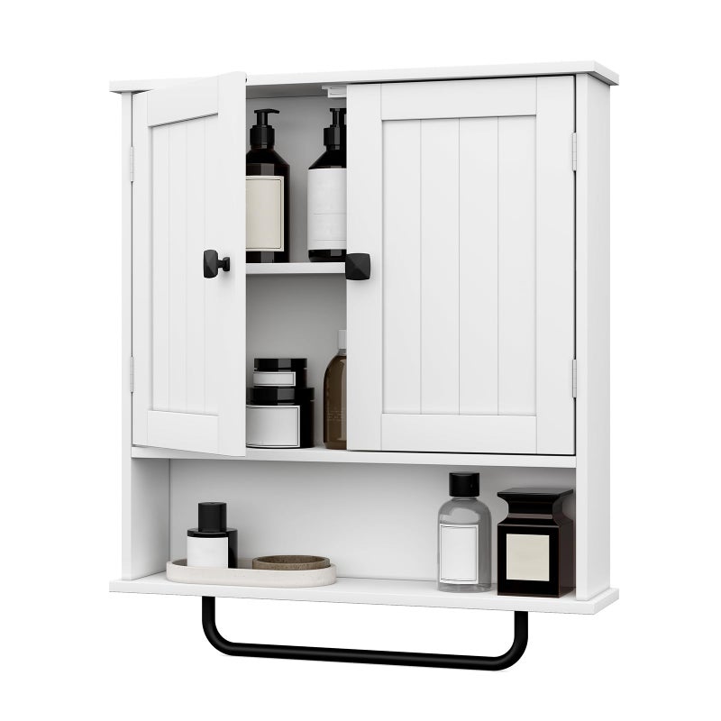 RRX Bathroom Cabinet Wall Mounted Medicine Cabinets with Towels Bar, Over The Toilet Storage Cabinet with 2 Doors and Adjustable Shelf, White Wall Cabinet for Bathroom Laundry Kitchen - Image 1