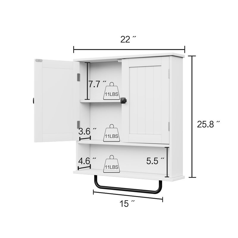 RRX Bathroom Cabinet Wall Mounted Medicine Cabinets with Towels Bar, Over The Toilet Storage Cabinet with 2 Doors and Adjustable Shelf, White Wall Cabinet for Bathroom Laundry Kitchen - Image 3